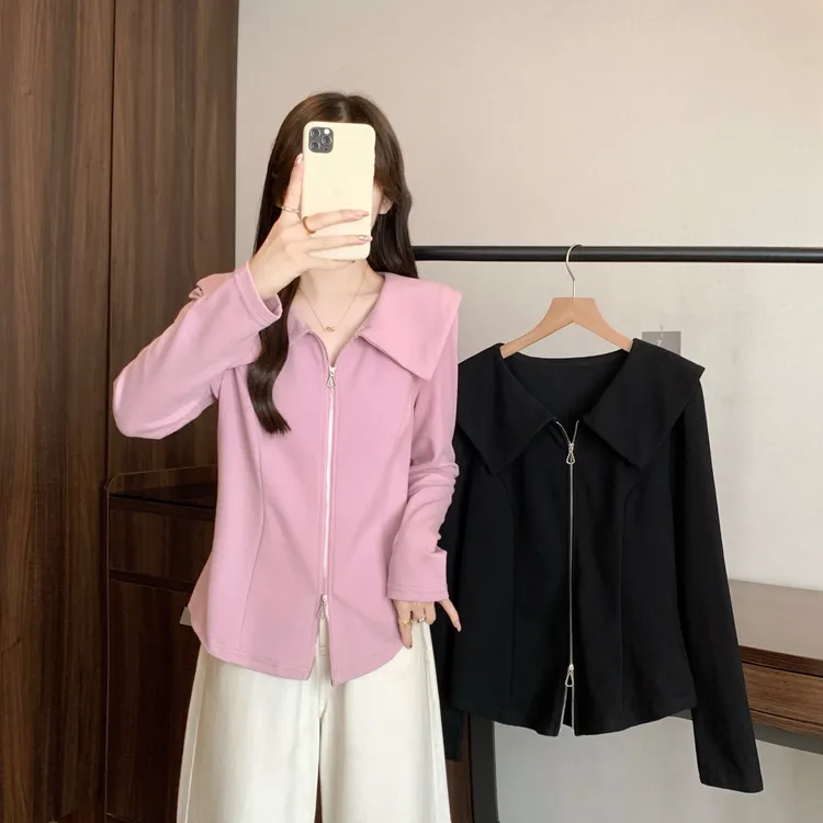 长2025秋装胖mm大码女双拉链海军蓝长袖衬衫设计感正肩上衣64089