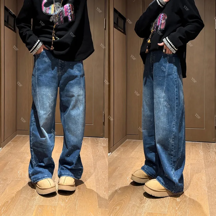 YDFSTUDIO小众【耀眼裤型】欧货高品重工烫钻拼接设计弯刀牛仔裤