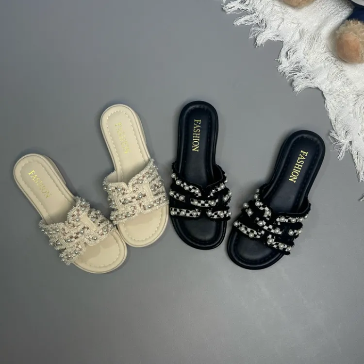 小香风低跟一字拖厚底日常网红珍珠软底韩版夏季时尚仙女风拖鞋女