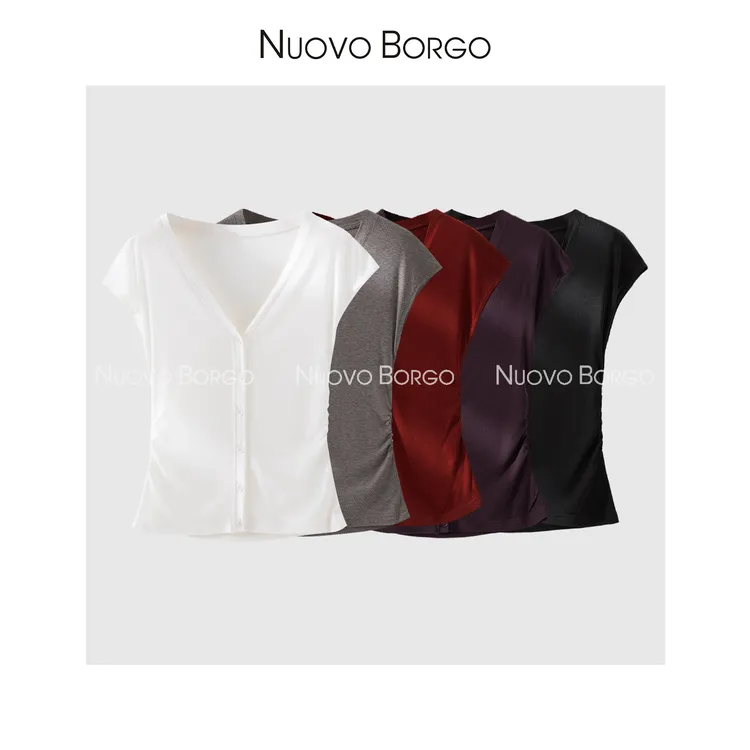 Nuovo Borgo 法式优雅修身短袖T恤薄款抽褶V领飞飞袖上衣女 8872