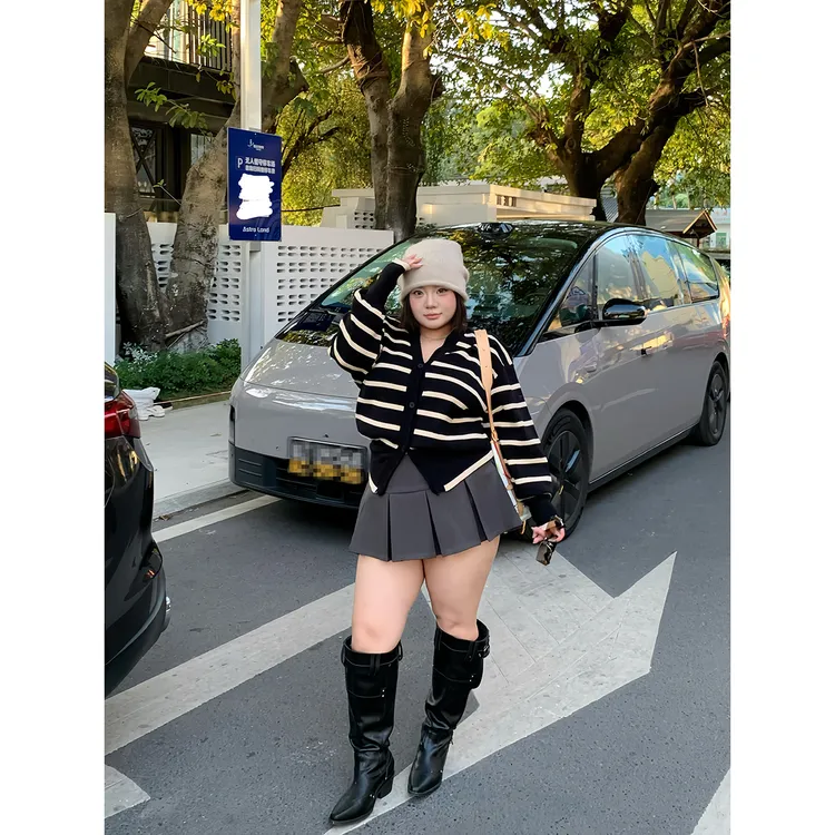 全球花【韩杂封面】大码开衫款条纹V领毛针织衫时尚毛衣内搭上衣女