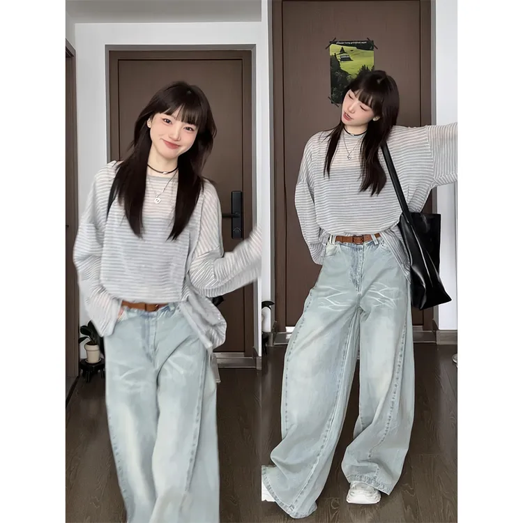 蓝色条纹长袖t恤罩衫上衣高腰浅蓝水洗阔腿牛仔裤垂感拖地直筒裤