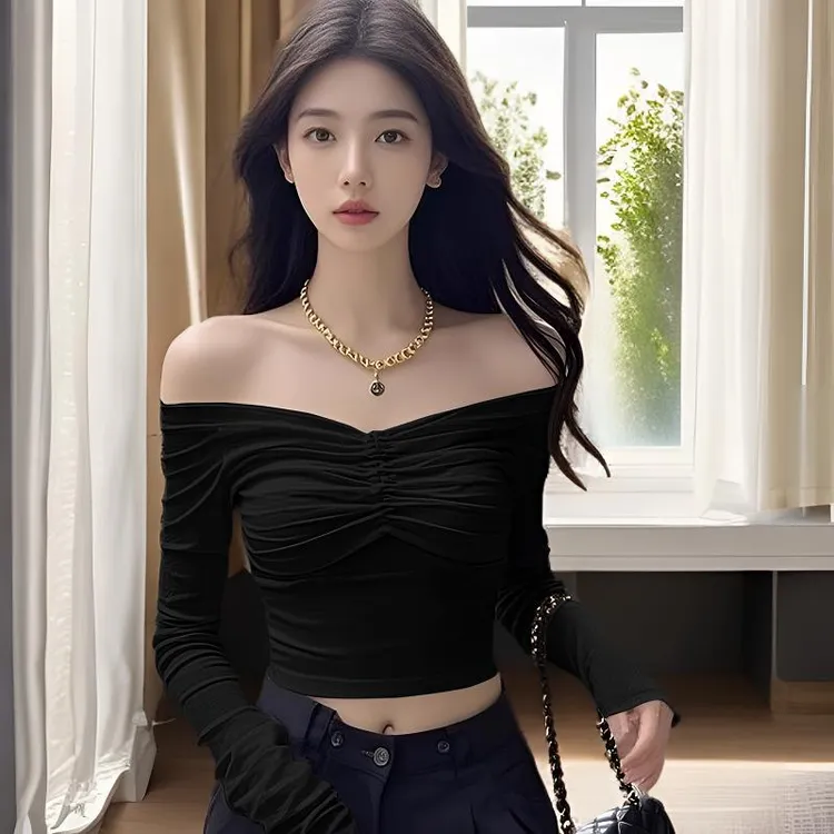 性感露肩紧身一字领短款上衣长袖打底衫小心机设计感T恤女漏锁骨