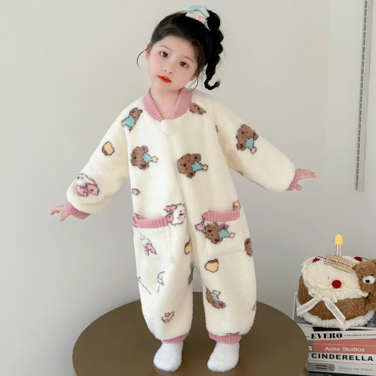 儿童连体睡衣冬季法兰绒加厚保暖女孩珊瑚绒宝宝睡袋女童睡袋爬服