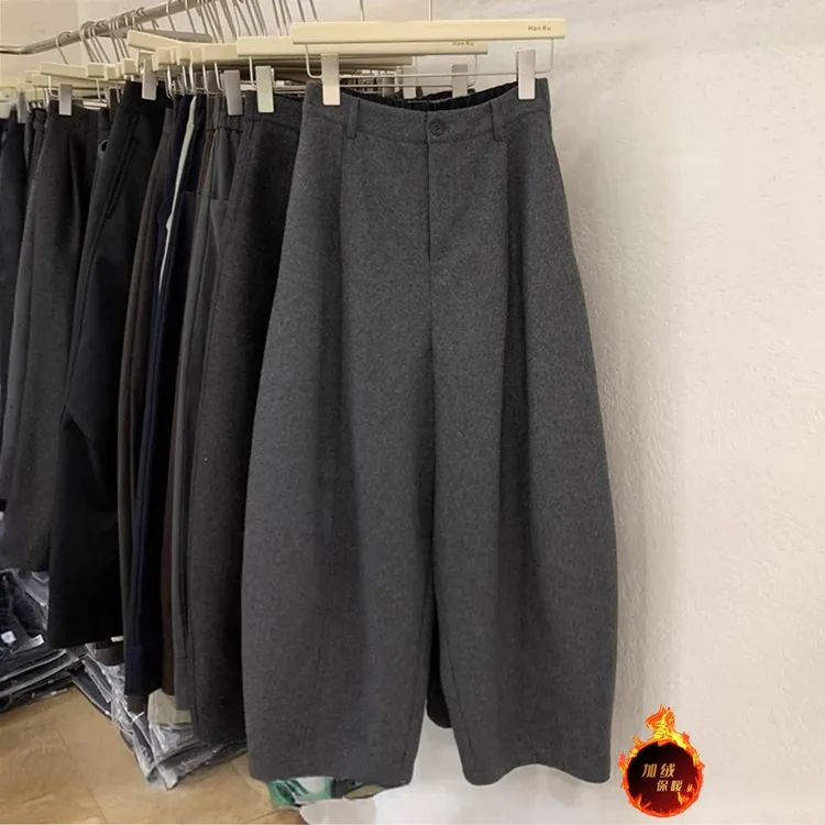 高级毛呢垂感休闲裤加厚秋冬新款韩系高腰褶皱阔腿裤宽松显瘦长裤