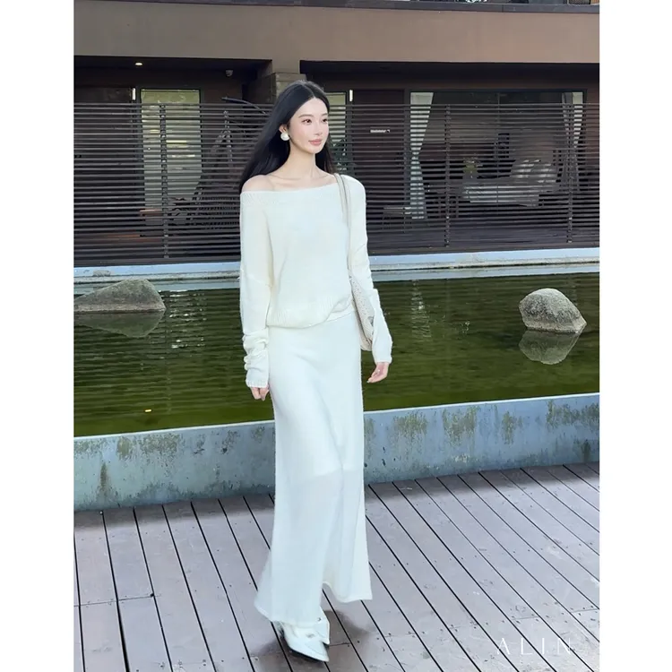 阿琳ALIN【吟雪】新款羊驼+羊毛气质斜肩氛围毛衣针织衫女AL5IZS10