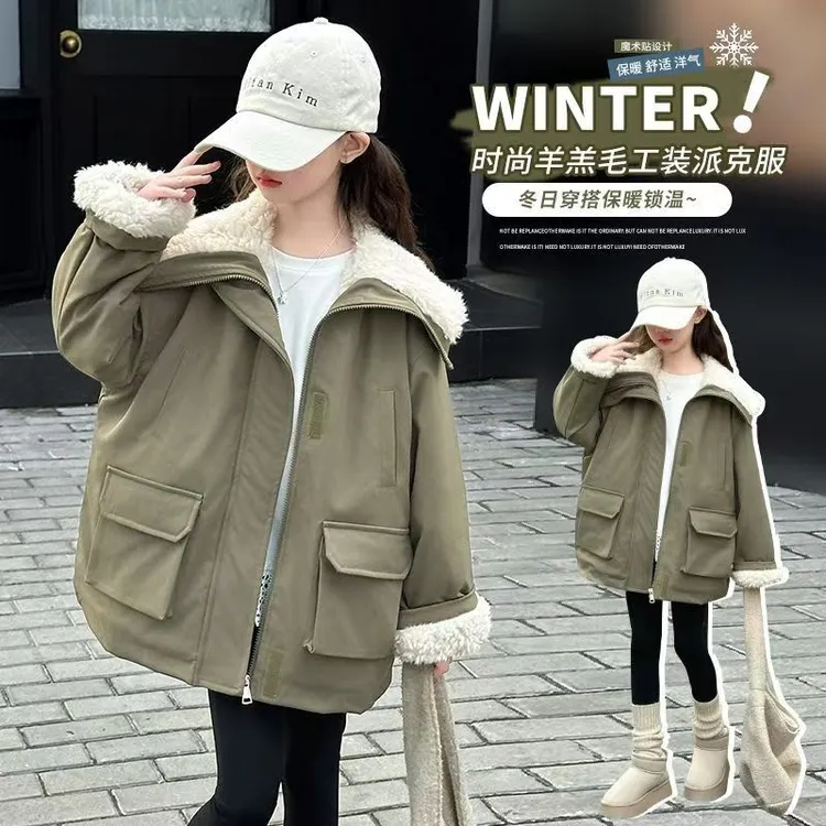 【现货】女童派克服冬装2025新款洋气大童中长款加绒加厚外套棉衣