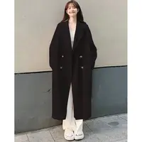 多巴胺黑色正肩毛呢大衣女秋冬季新款韩系赫本风长款加厚呢子外套