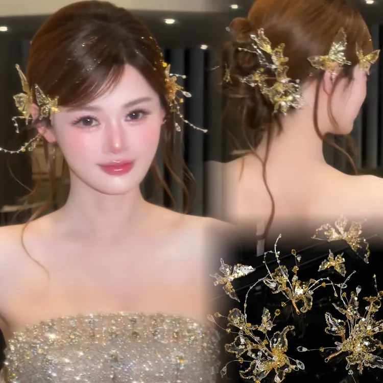 婚庆饰品 3201新款金箔蝶影高透灵动轻奢晚礼服设计师款新娘头饰