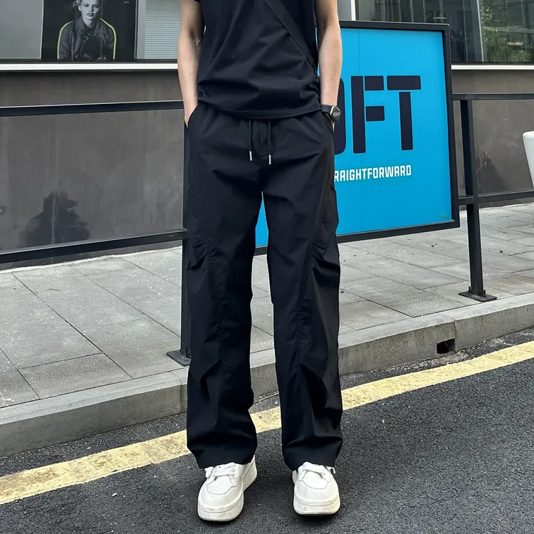 QUALCOMM秋季新款宽松直筒休闲裤男女潮流皱感户外运动速干工装裤