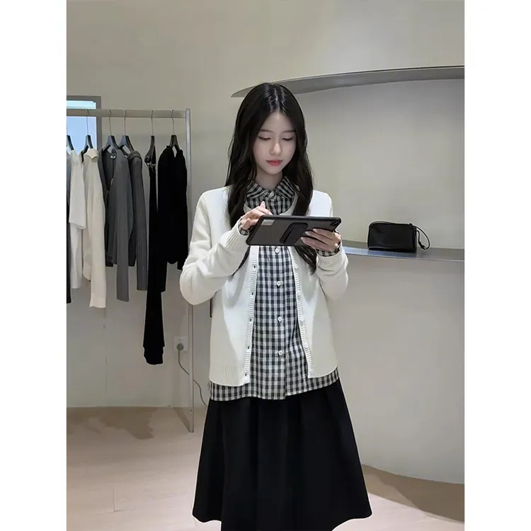 parkyeon韩系氛围感穿搭长袖针织开衫格子衬衫女秋季百褶半身裙