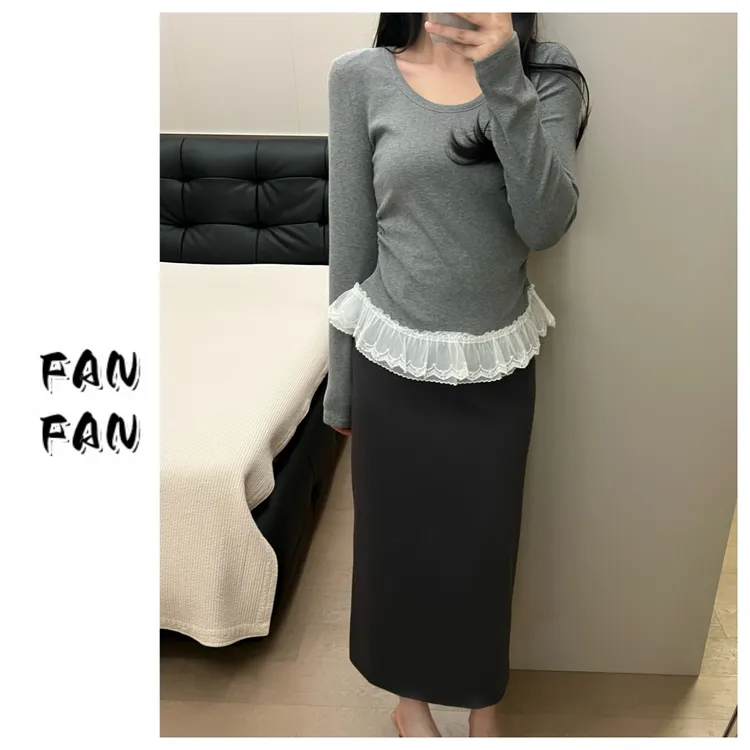 FANFAN 【褶皱蕾丝边】2色打底衫T恤