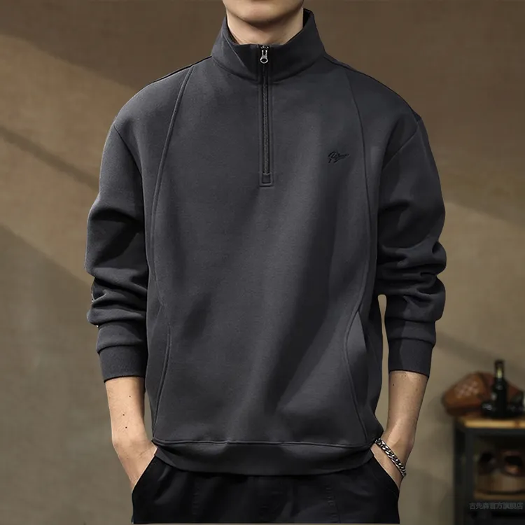 高端软糯重磅美式半拉链立领卫衣男秋冬加绒宽松大码复古外套上衣