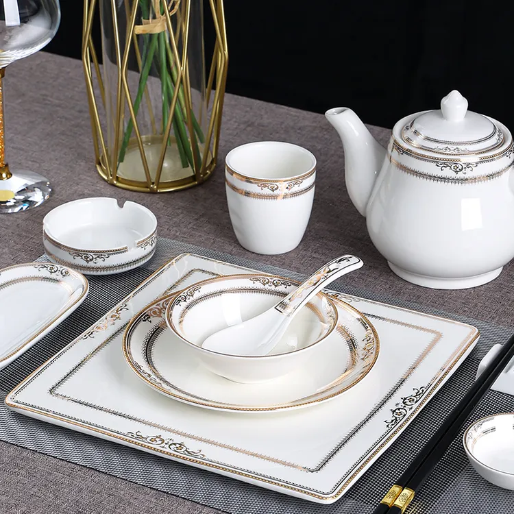 星级酒店用品摆台餐具套装新中式饭店会所陶瓷骨碟翅碗杯勺四件套