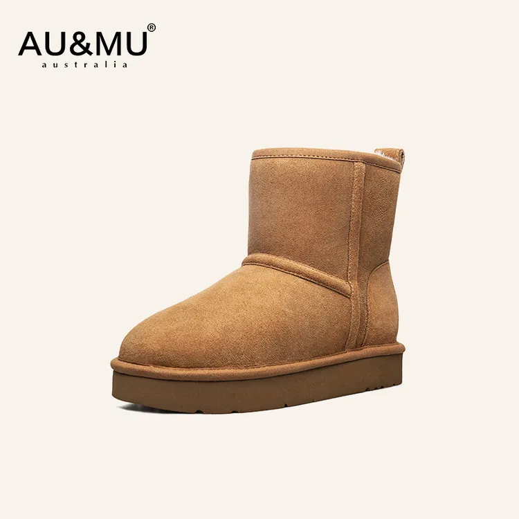 AUMU皮毛一体雪地靴女秋冬新品百搭中筒靴防滑保暖厚底大棉靴653