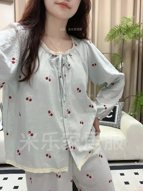 2025春秋季甜美樱桃睡衣女长袖棉纱家居服套装薄