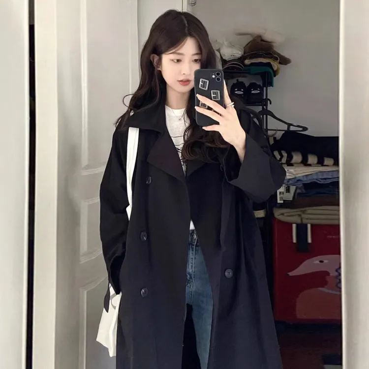 黑色风衣外套女2025年春秋季新爆款韩系洋气英伦赫本风大衣中长款