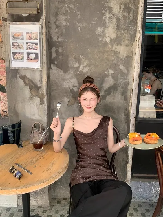 向晚·甜酷嗲精’推荐b入串珠波点叠穿连衣裙女夏季复古短裙