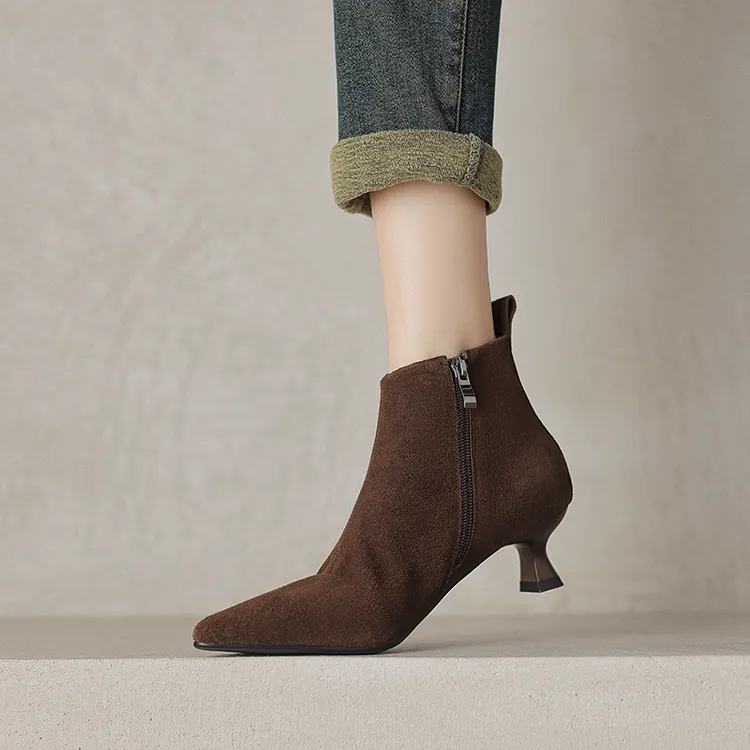 法式小踝靴短靴女2025新款春秋细跟尖头磨砂高跟鞋低跟翻毛皮裸靴