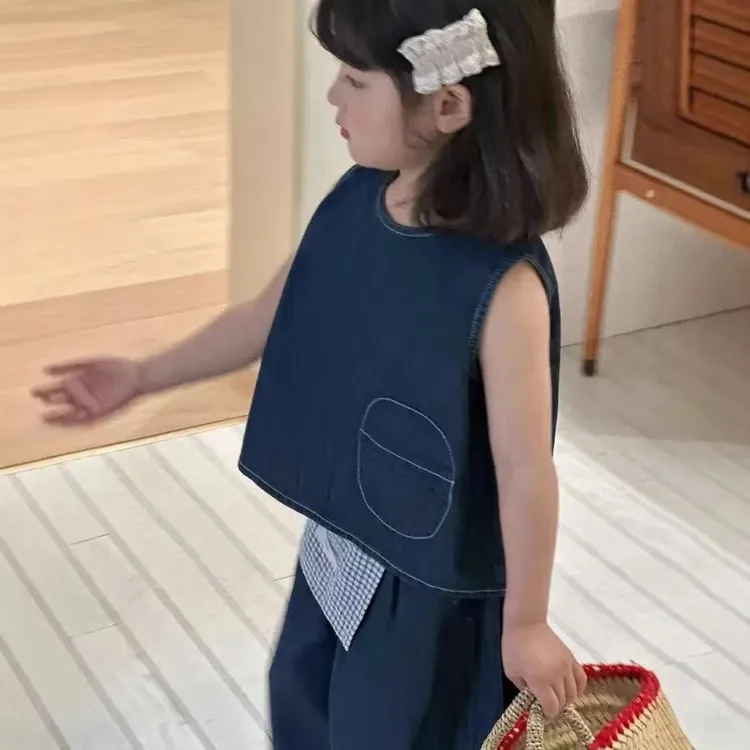 MAIMUMU轻职风儿童牛仔设计套装女童时尚小童女童夏装夏季无袖