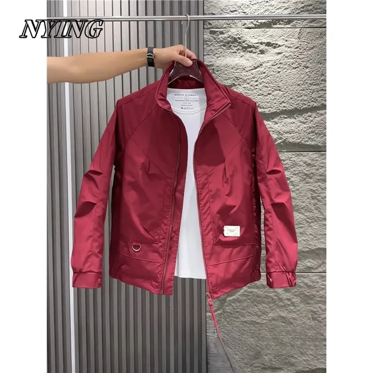 NYING秋季男士立领夹克2025新款外套休闲短款修身时尚百搭酒红色