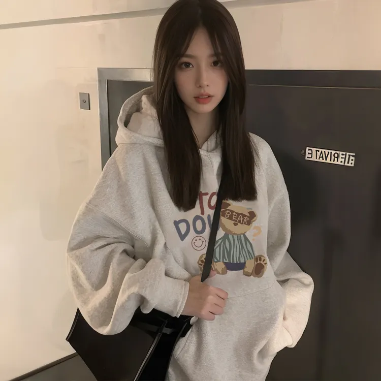 灰色小熊连帽卫衣女秋冬2025新款爆款宽松初中生上衣加绒加厚外套