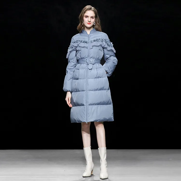 DF2025冬新款雾蓝色立领中长款白鸭绒羽绒服加厚收腰过膝DC10125103