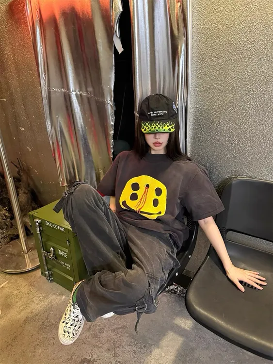 CPFM联名Saint Micheal潮牌水洗做旧笑脸印花短袖高街美式休闲T恤