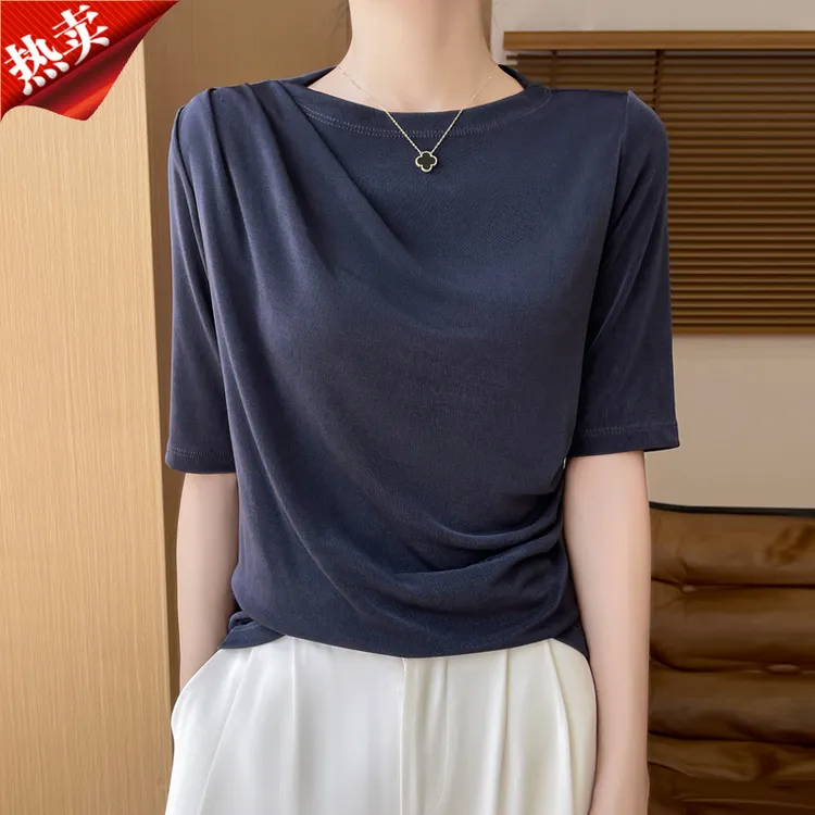 2025新款一字领褶皱高级垂感短袖上衣醋酸气质T恤女薄款夏
