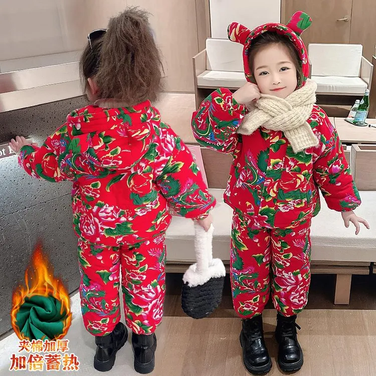 冬季儿童东北大花布套装宝宝棉袄女童拜年衣服加厚小童过年新年装