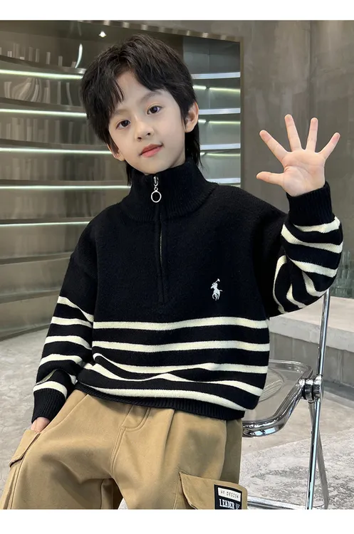 男童针织毛衣2025春秋新品抗起球条纹中大童高领毛衣外穿儿童洋气