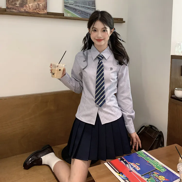 东京岁时记JK春秋季长袖显瘦学院风藏青色衬衫半身裙套装风琴记号