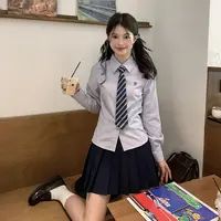 东京岁时记JK春秋季长袖显瘦学院风藏青色衬衫半身裙套装风琴记号