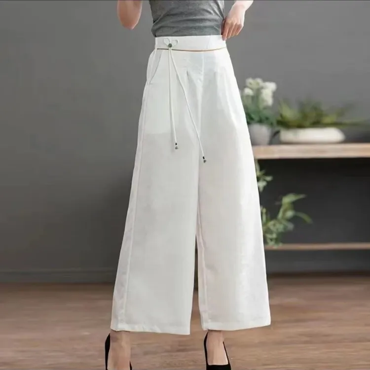 夏装新款松紧腰高档百搭花萝提花直筒阔腿裤