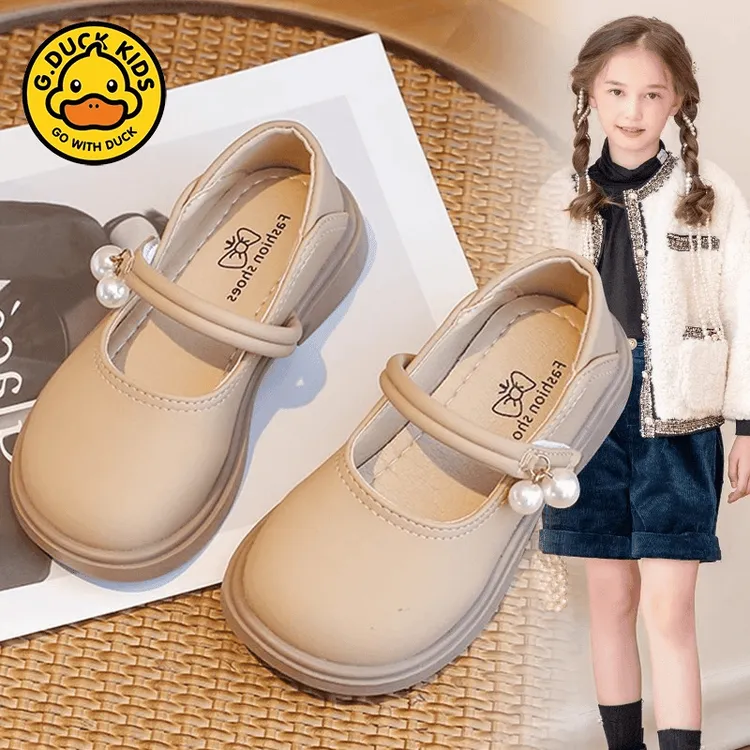 小黄鸭女童小皮鞋2025春款珍珠吊坠玛丽珍童鞋旅游软底单鞋中大童