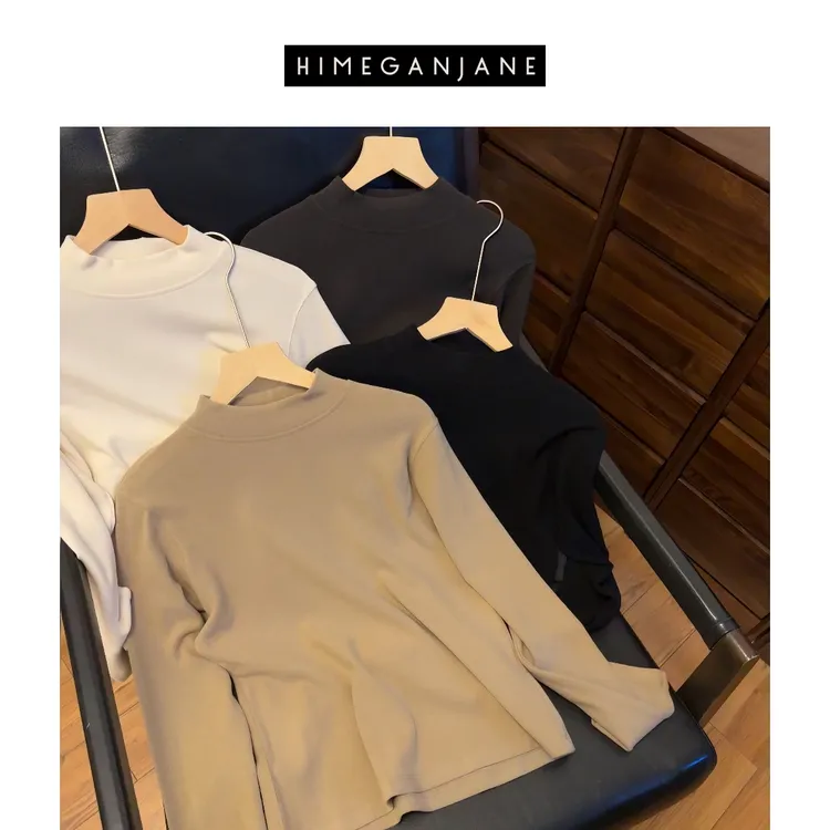 HIMEGANJANE 奶丝T半高领刷毛蛇仔纹肌理毛绒感长袖百搭T恤23405