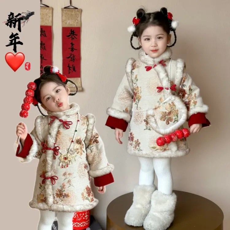 女童加绒旗袍裙秋冬季2025新款中式国风格格装儿童加厚过年拜年服