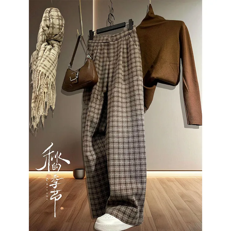 卡其色慵懒休闲裤女秋冬新款胖mm大码梨形身材显瘦宽松毛呢阔腿裤