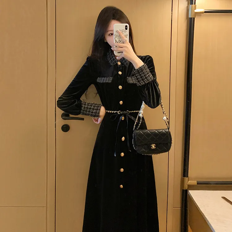 小香风连衣裙女装收腰显瘦名媛气质高端黑色秋冬裙子6329