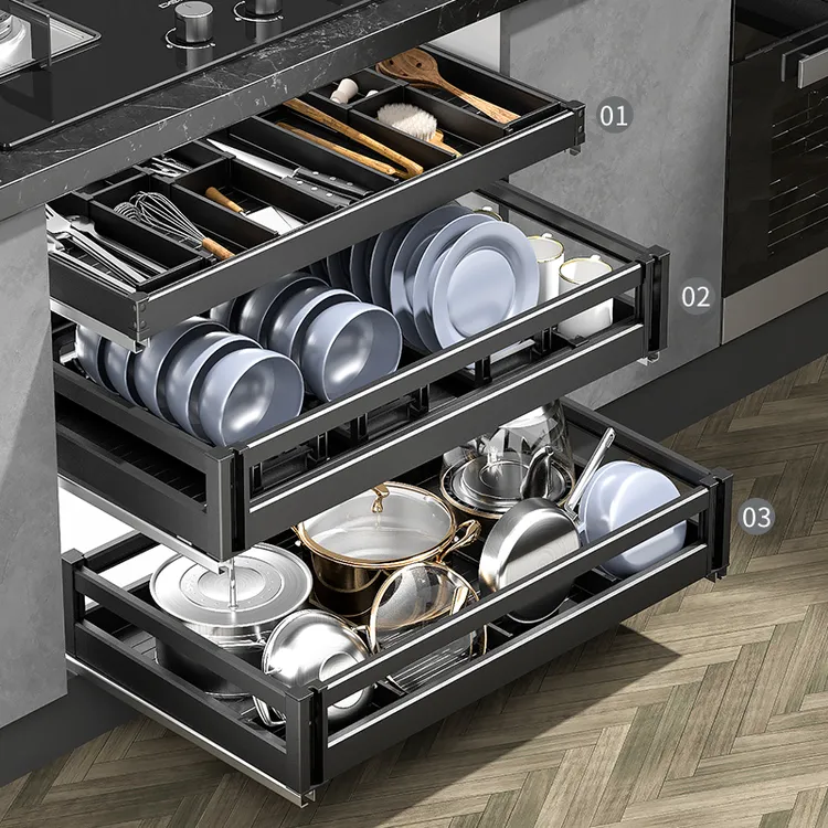 【高端航空铝】厨房橱柜抽屉式拉篮铝合金加粗沥水收纳阻尼碗碟拉篮
