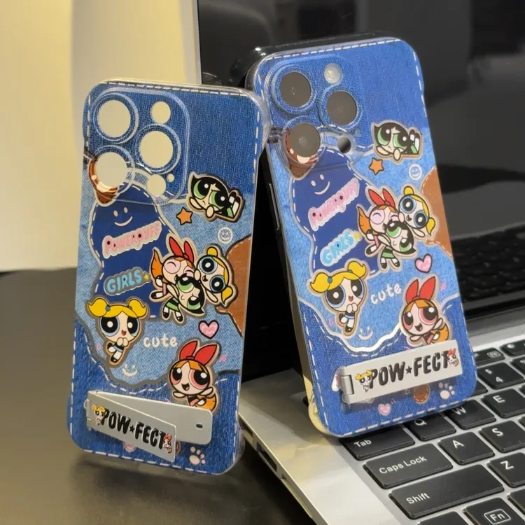 牛仔纹蓝色小女警支架适用iPhone16手机壳华为p70oppo小米14vivo