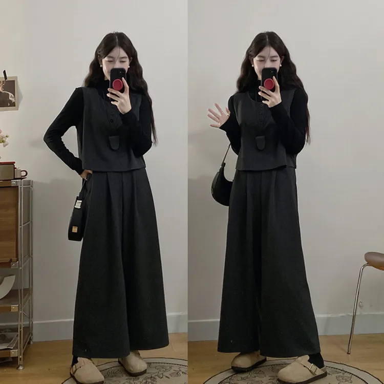 大码女装胖mm春秋新款时尚简约毛呢马甲九分阔腿裤打底衫洋气穿搭