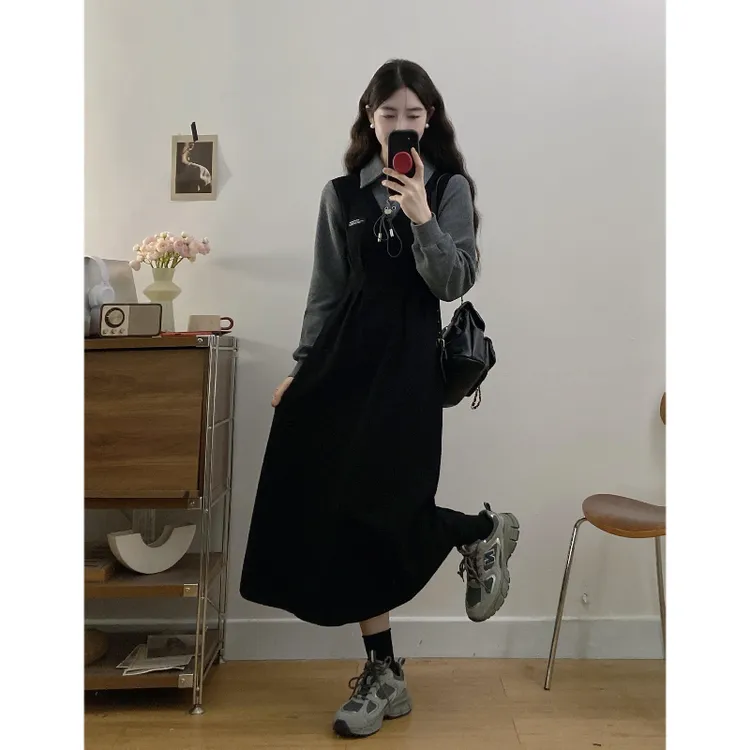 大码2025秋冬新款黑色长袖连衣裙女加厚针织假两件气质显瘦裙子