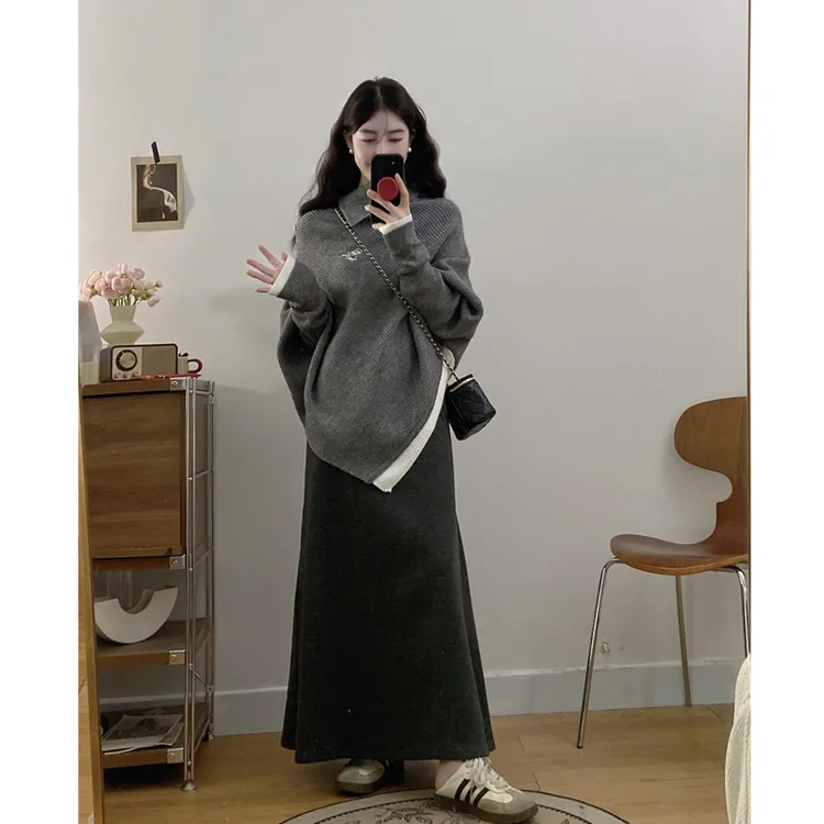 大码秋冬高领不规则宽松斗篷毛衣外套针织松紧腰半身裙显瘦鱼尾裙