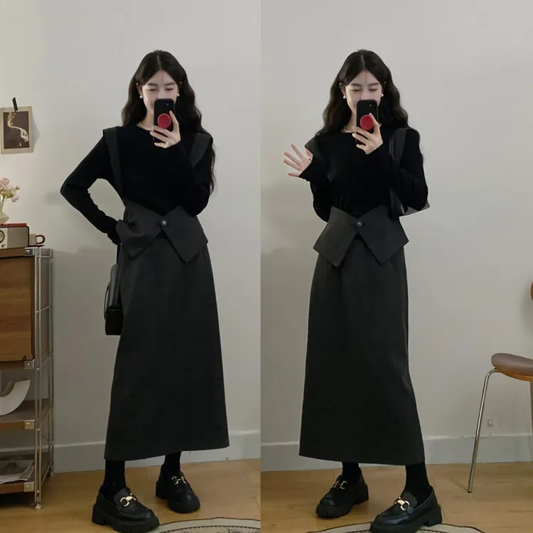 大码秋冬新款微胖mm气质干练假两件上衣高腰半身裙洋气法式穿搭