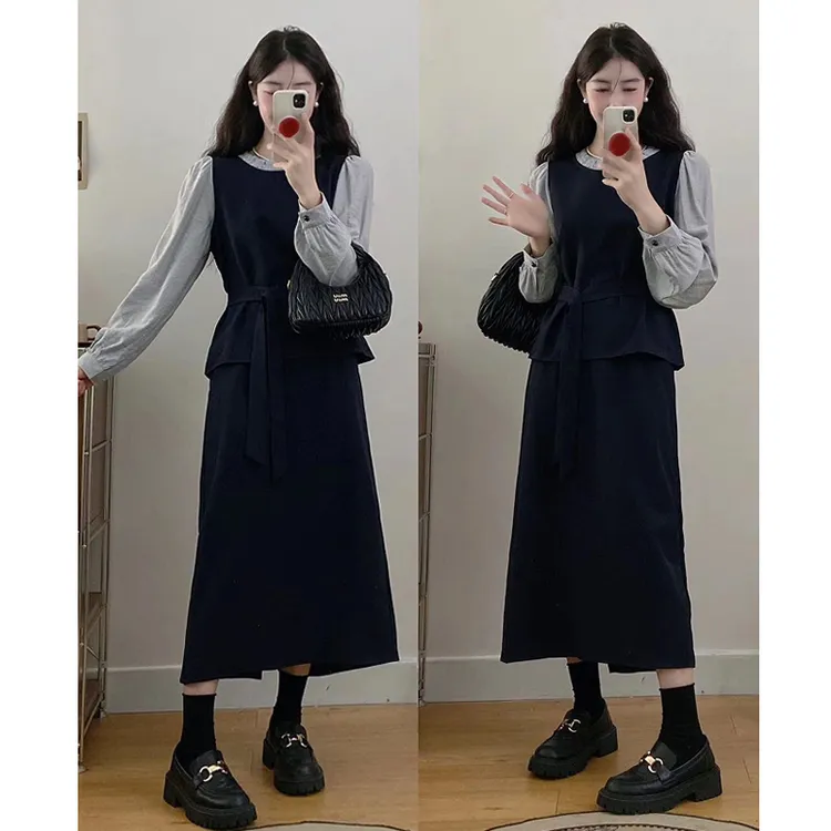 大码设计感撞色时尚气质韩版通勤假两件上衣半身裙两件套套装女