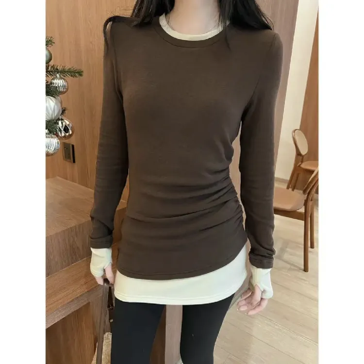 【加绒】高级感褶皱撞色显瘦洋气百搭不规则双层打底衫