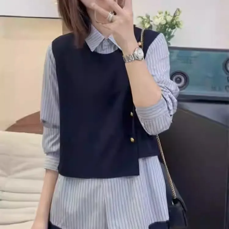 【省心穿搭】假两件拼接条纹衬衫女装2025春装新款宽松休闲衬衣上衣