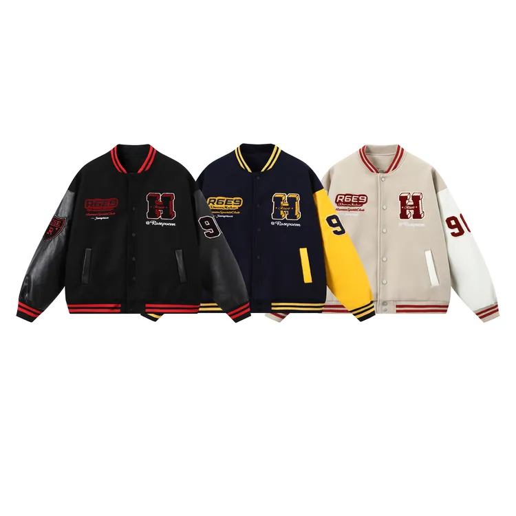 Rosepoem国潮牌重磅毛巾绣字母美式拼色棒球服夹克外套男女款