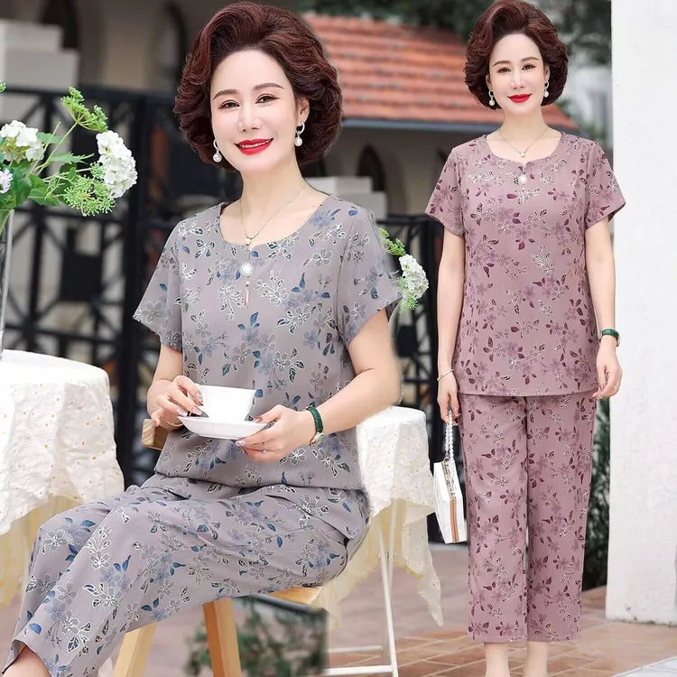 芊上6022妈妈装夏款短袖烫金花色洋气套装中老年女装奶奶装两件套